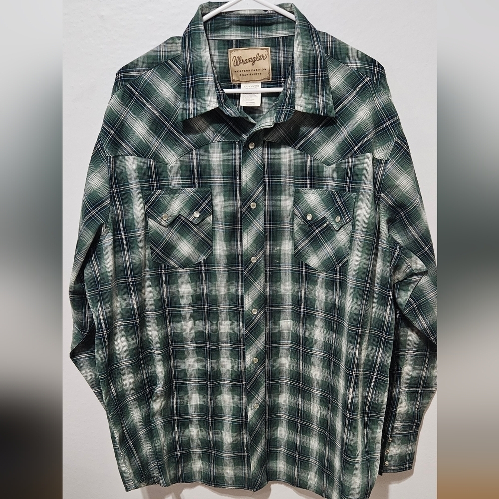 Wrangler Wrancher Plaid Pearl Snap Button Shirt Mens 2XL Rodeo Western Green B10